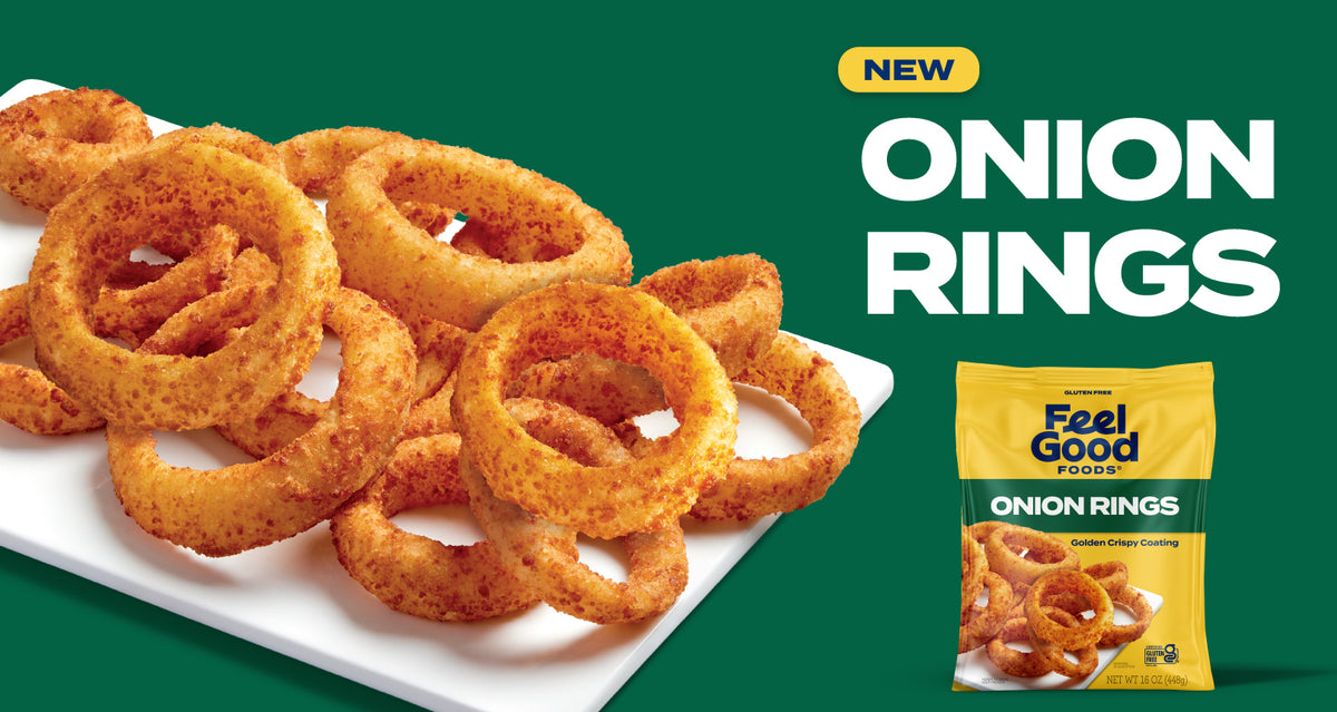 New Feel Good Foods gluten free Onion Rings with a golden crispy coating, shown with the 16 oz bag
