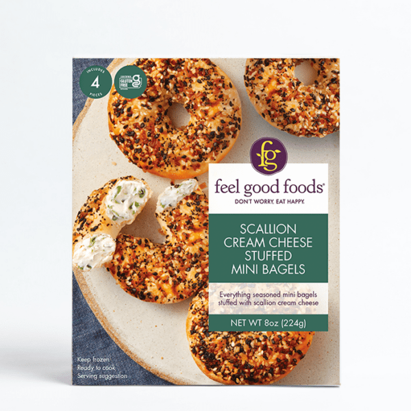 Feel Good Foods - Scallion Cream Cheese Stuffed Mini-Bagels Front Box Cover